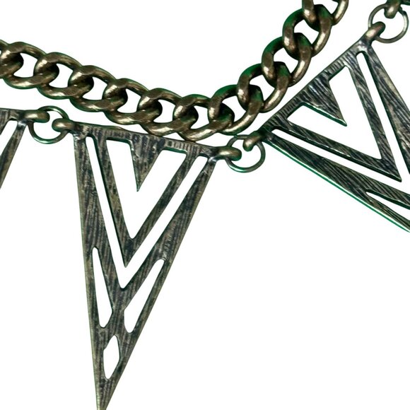 W Necklace Earring Set Triangle Pendants Geometric Design Double Chain Gold-Tone - Picture 7 of 14